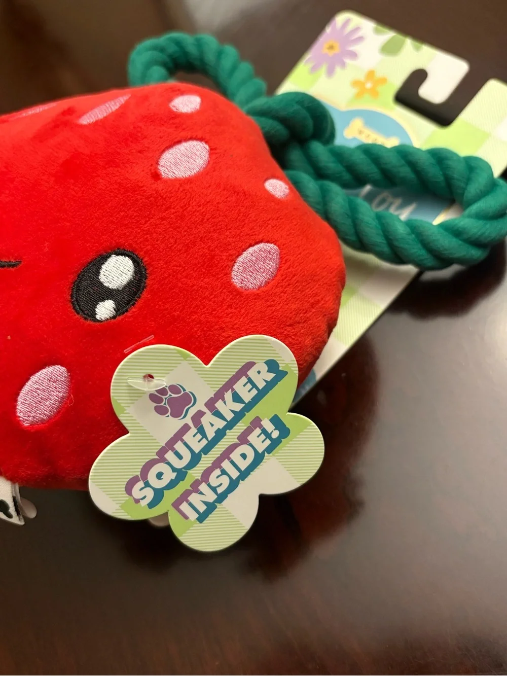 Woof Strawberry Plush Rope Squeaky Dog Toy
